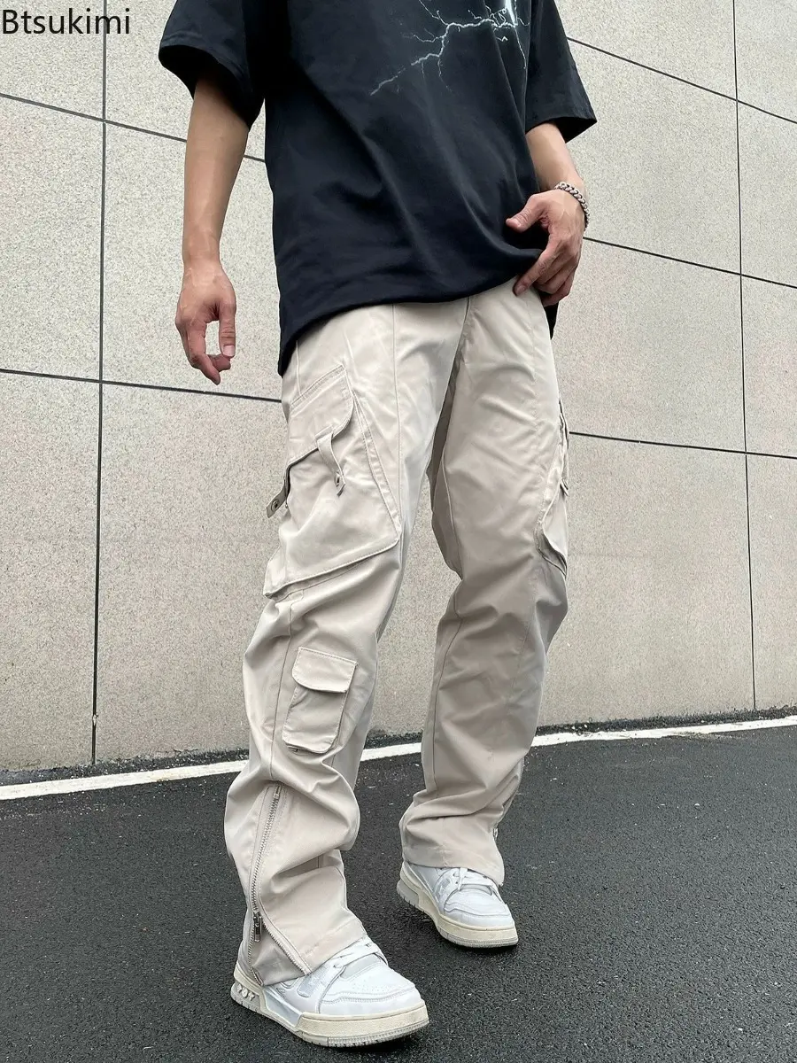 2025 Men's Zipper Loose-fit Straight-leg Casual Trousers American Style High Street Vibe Zip-up Cargo Pants Same Gender Design