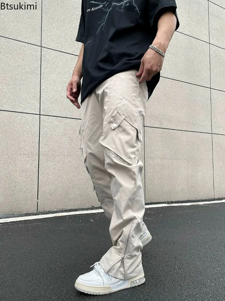 2025 Men's Zipper Loose-fit Straight-leg Casual Trousers American Style High Street Vibe Zip-up Cargo Pants Same Gender Design