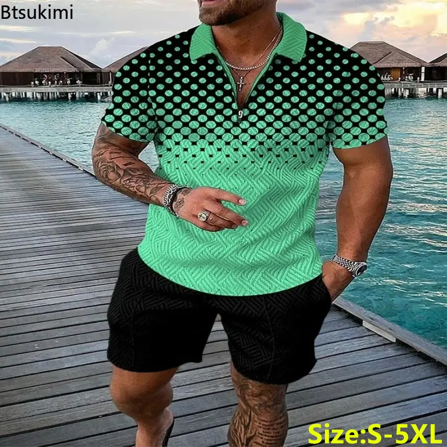 New Men's Trend 3D Print Two-pieces Summer Short Sleeve Polo Shirt Shorts Casual Suit Men Tracksuit Social Golf Outfit Oversized