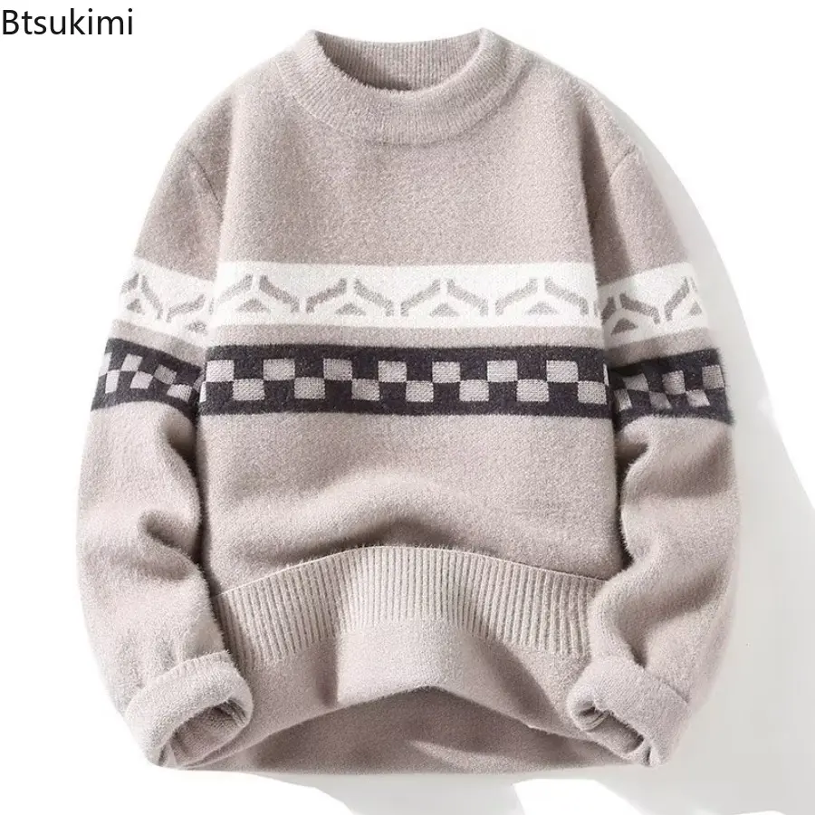 2025 Winter Men's Sweater Youth Round Neck Knitted Pullover Sweater Long Sleeve Color Blocked Sweaters Male Fashion Warm Tops