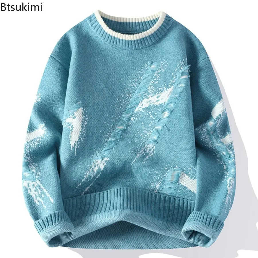 2025 Autumn and Winter Men's Contrast Color Sweater Tassel Hole Round Neck Knitted Warm Sweaters Casual Fashion Pullover Tops