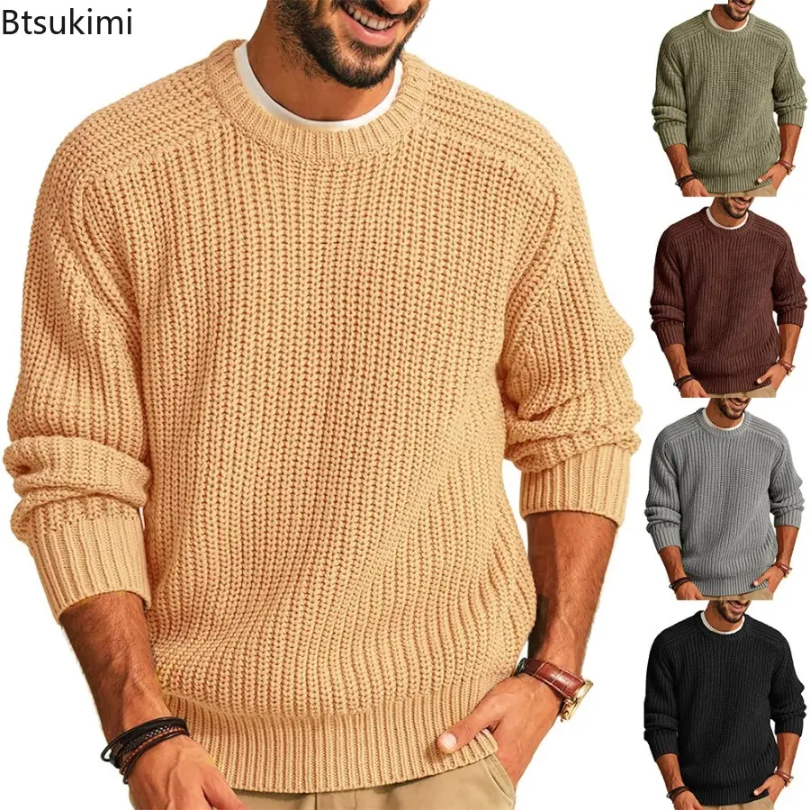 2025 Autumn Winter Men's New Solid Color Long-sleeved Crew-neck Knitted Sweater Male Fashion Casual Loose Vintage Knit Pullover