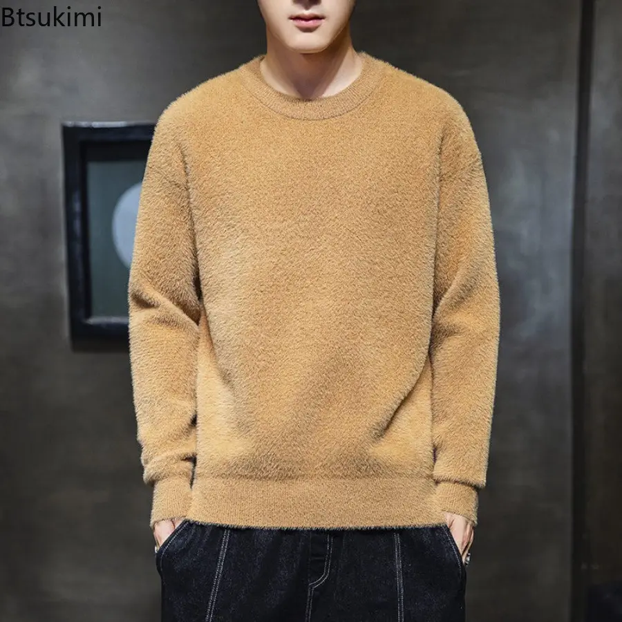 2025 New Men's Imitation Mink Fur Sweater Knitted Sweaters Men Solid Crew Neck Long Sleeve Versatile Warm Casual Top Pullover