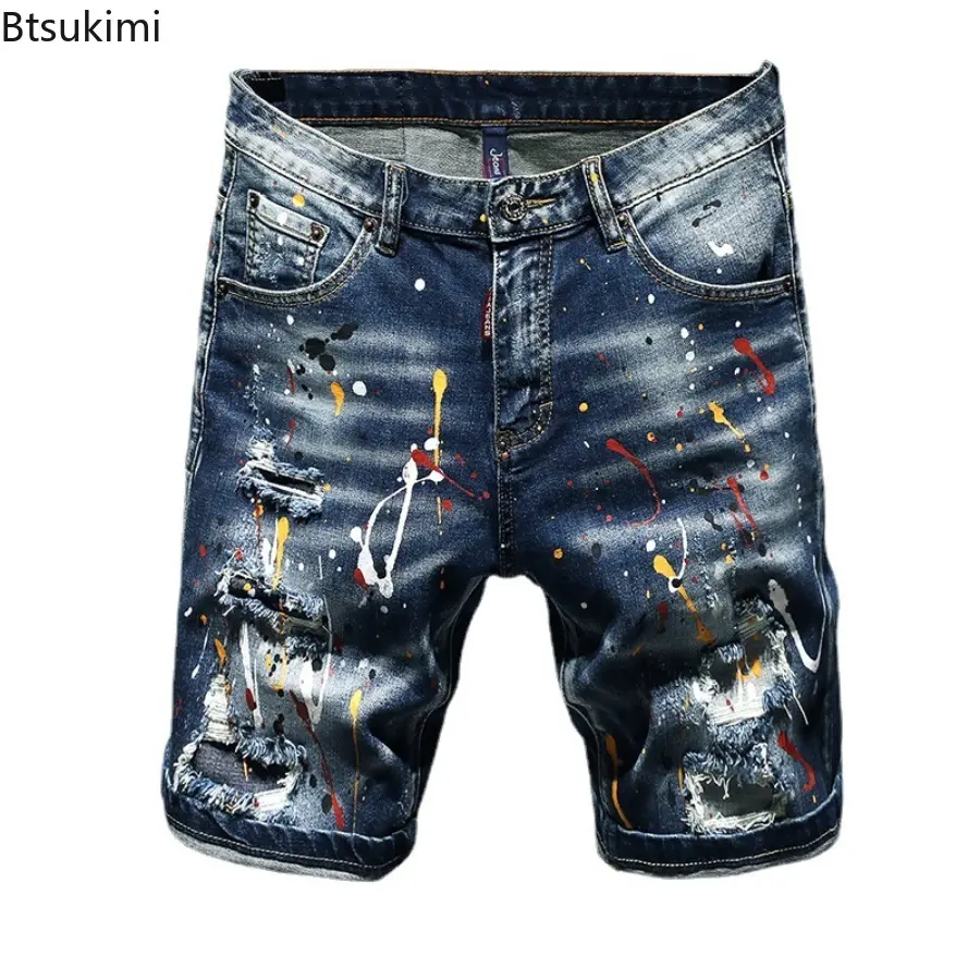 Summer Street Style Men's Hole Denim Shorts Trend Vintage Patchwork Casual Short Jeans High Quality Stretch Slim Trouser for Men