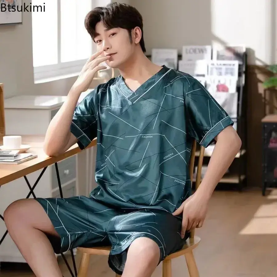 Summer Fashion Men's Silk Pajama Sets Short Sleeve Print Pullover and Shorts Homewear Suit New Men Comfy Satin Casual Nightwear