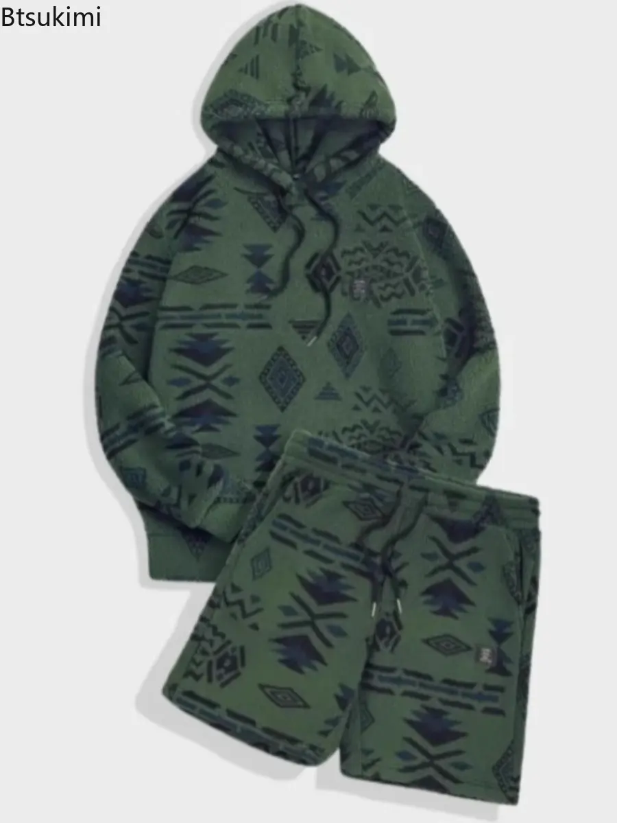 New 2025 Men's Casual Loose Suit Green Printed Long Sleeved Sweatshirt Shorts Two-piece Set for Men Fashion Suede Hooded Tops