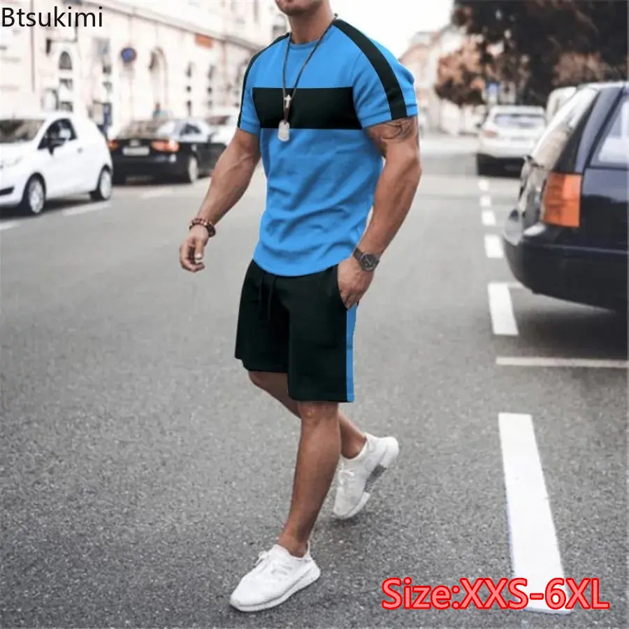 New Men's Summer Sport Gym Fitness Sets Fashion Patchwork Design Loose Casual Tracksuit Men Two Pieces Short-sleeved Tops+Shorts