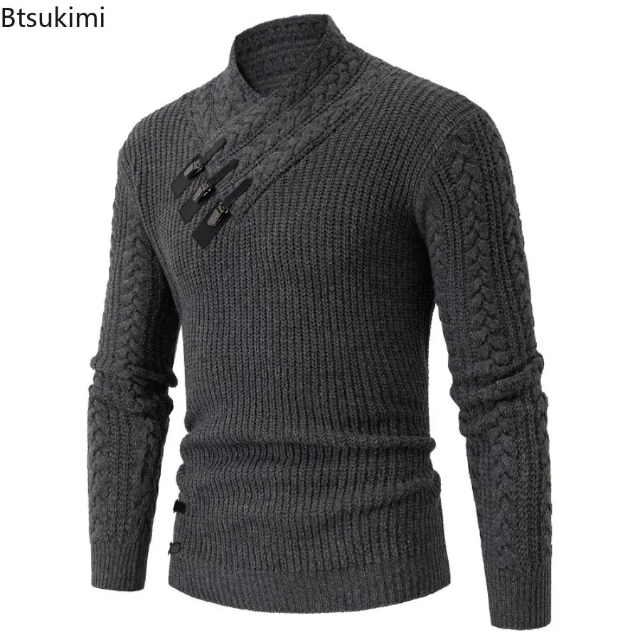 2025 Autumn and Winter Mens Sweater Long Sleeve Solid Knitted Pullover Tops Fashion High Neck Slim Fit Warm Sweater Mens Wear