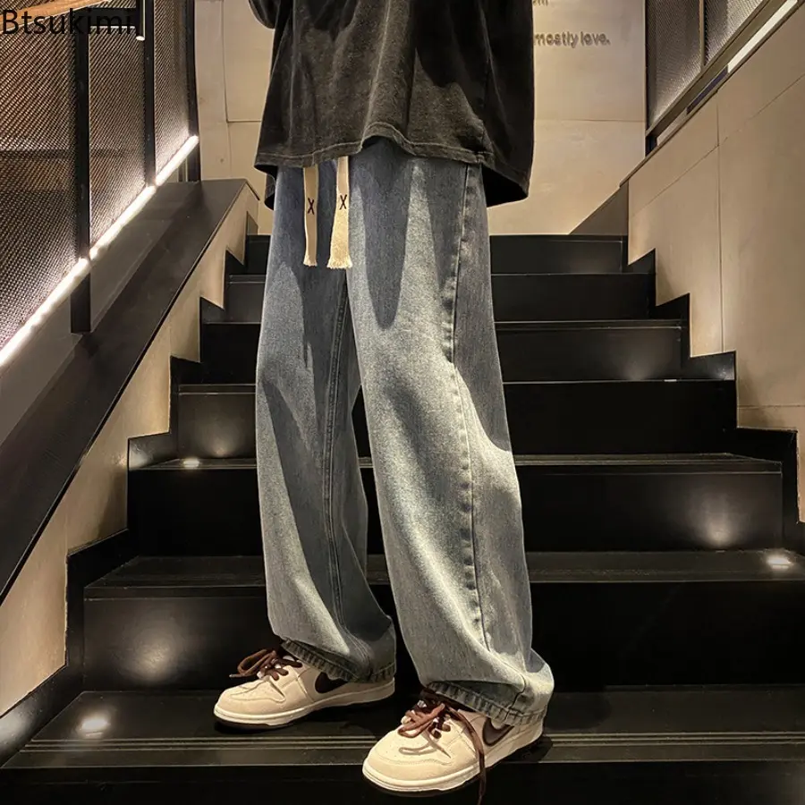 New 2025 Spring and Autumn Men's Washed Blue Denim Jeans Casual Loose Straight Leg Trousers for Men Slimming Wide Leg Pants Male