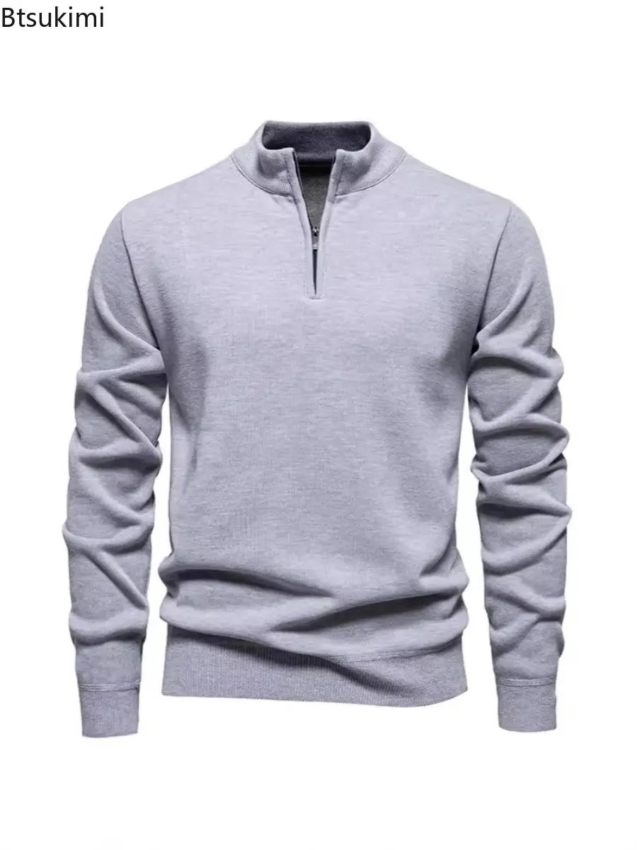 Autumn Winter Men's Half Zipper Knitted Sweater Solid Slin Fit Casual Sweater Male Fleece Warm Stand Collar Pullover Sweaters