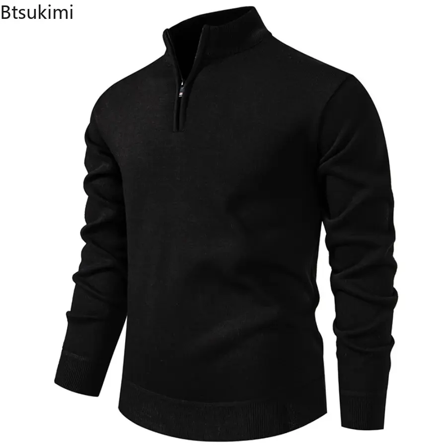 Autumn Winter Men's Half Zipper Knitted Sweater Solid Slin Fit Casual Sweater Male Fleece Warm Stand Collar Pullover Sweaters