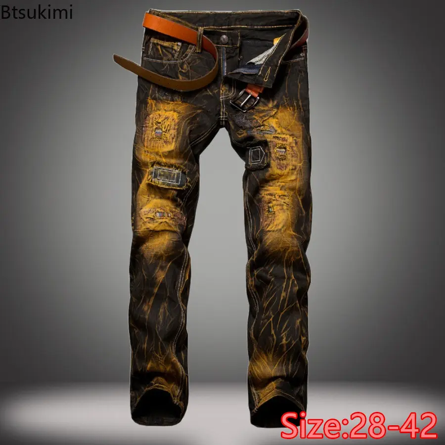 Men's Ripped Hole Jeans Fashion Harajuku Street Style Hip Hop  Vintage Straight Jeans Personality Motorcycle Denim Trousers Male