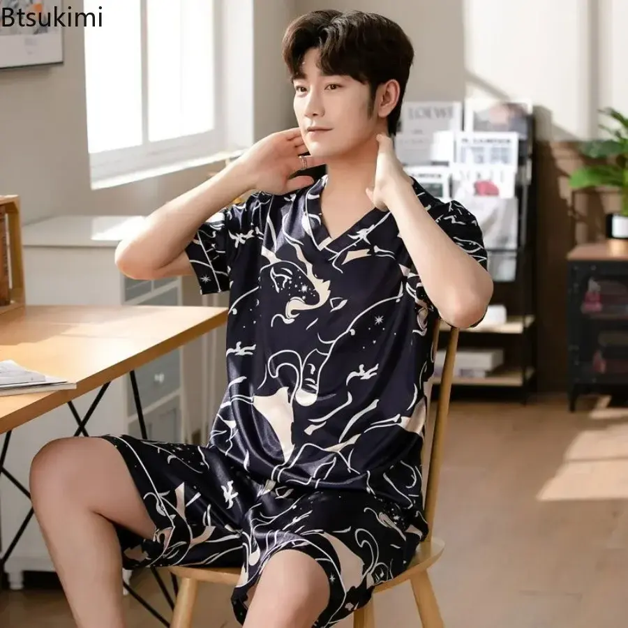 New 2025 Men's Summer Silk Pajama Sets Print Short Sleeve Pullover Tops and Shorts Homewear Suit Men Satin Casual Nightwear Sets