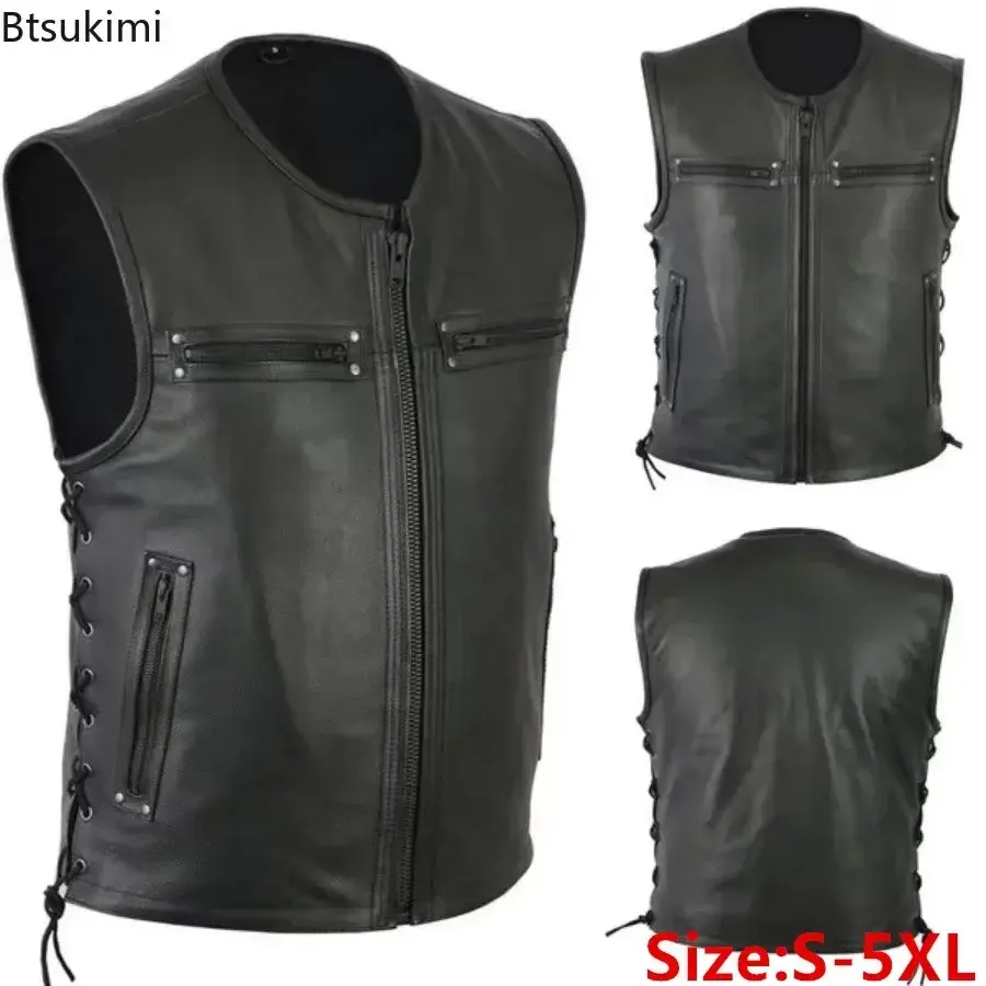 2025 Men's Handsome Motorcycle Leather Vest Jacket Fashion O-neck Solid Sleeveless PU Leather Zip Punk Tops Men Trend Streetwear