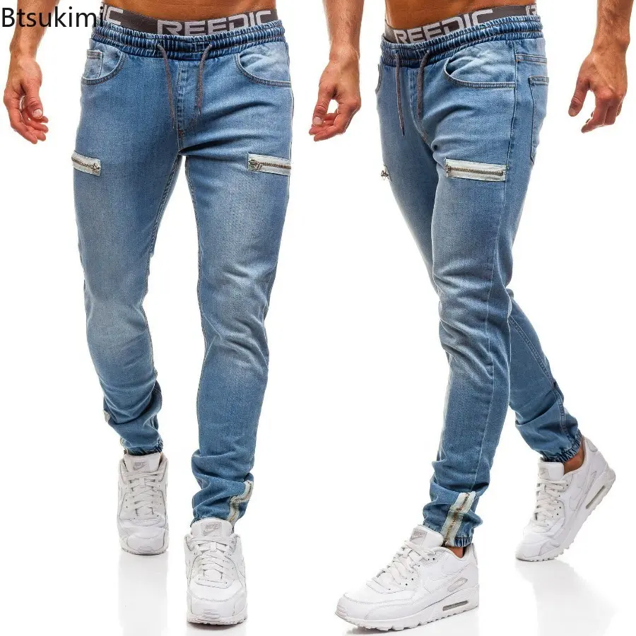 2025 Men's Slim Straight Leg Jeans Fashionable Drawstring Zip Design Casual Sport Denim Pants Men Versatile Trouser Street Style