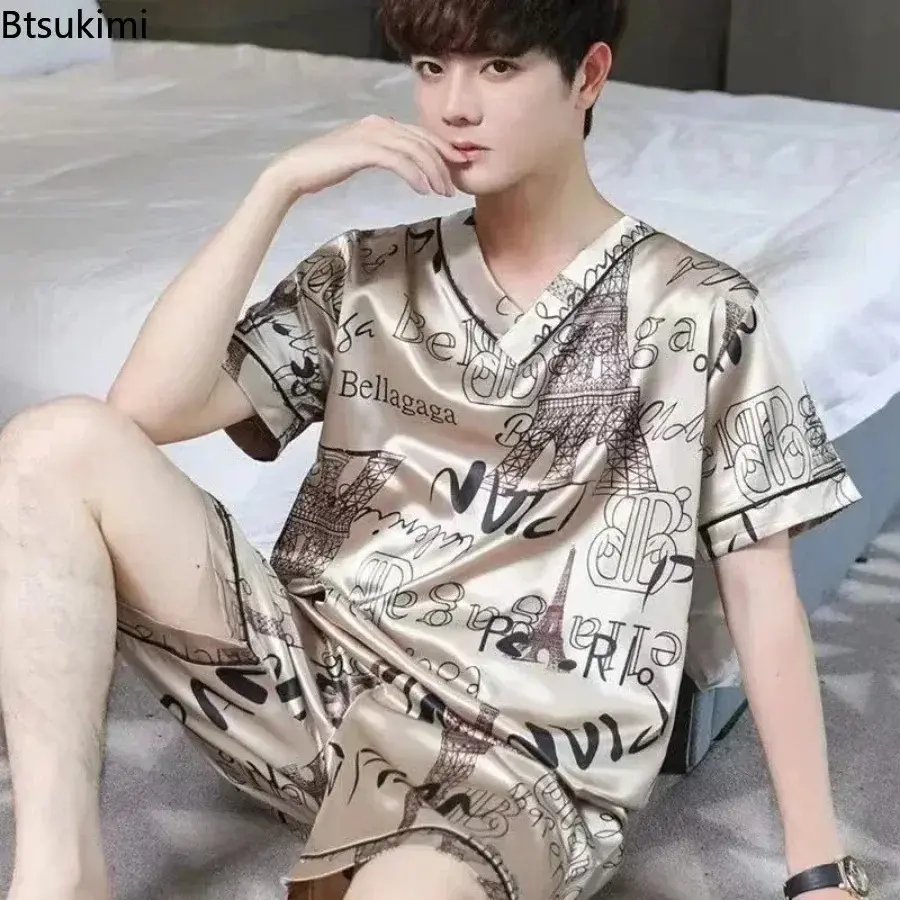 New 2025 Men's Summer Silk Pajama Sets Print Short Sleeve Pullover Tops and Shorts Homewear Suit Men Satin Casual Nightwear Sets