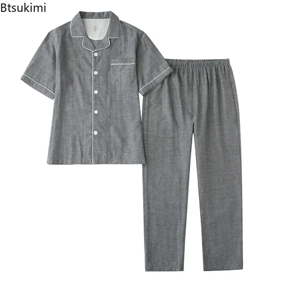 Summer Thin Pajamas Sets Men's Solid Color 100% Cotton Homewear Short Sleeve Two Pieces Breathable Soft Couple Lounge Sleepwear