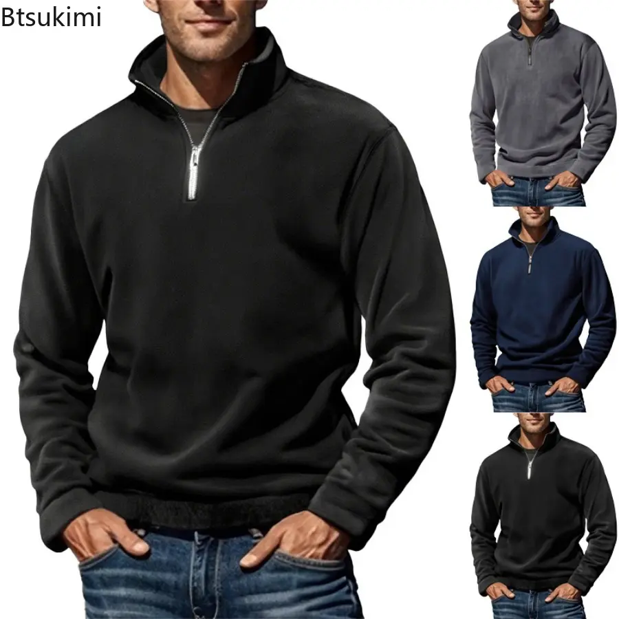 2025 Men's Half Zipper Sweatshirts Solid Long Sleeve Solid Color Pullover Turtleneck Streetwear Winter Warm Jacket Sport Coats