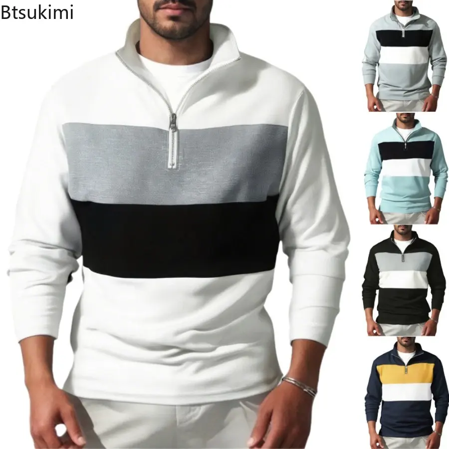 Men's Long Sleeve Zip-up Sweatshirts Vintage Stand Collar Patchwork Pullover Tops Mens Autumn Daily Casual Fashion Sweatshirt