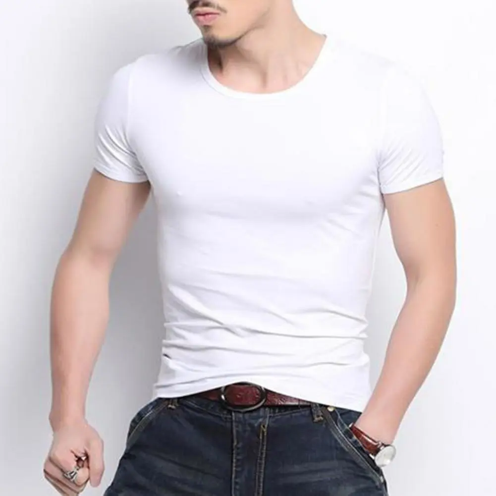 Summer Men T-shirt Round Neck V Neck Short Sleeve Pullover Tees Solid Color Soft Breathable Thin Simple Style Casual Men Top
