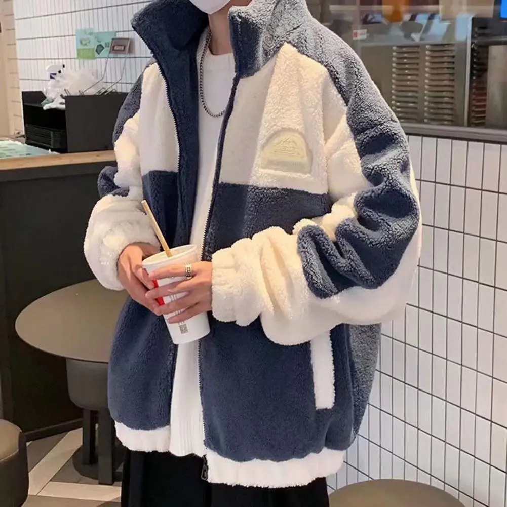 Autumn Winter Imitation Cashmere Coat Men Stand Collar Long Sleeve Pocket Jacket Coat Patchwork Color Loose Plush Jacket