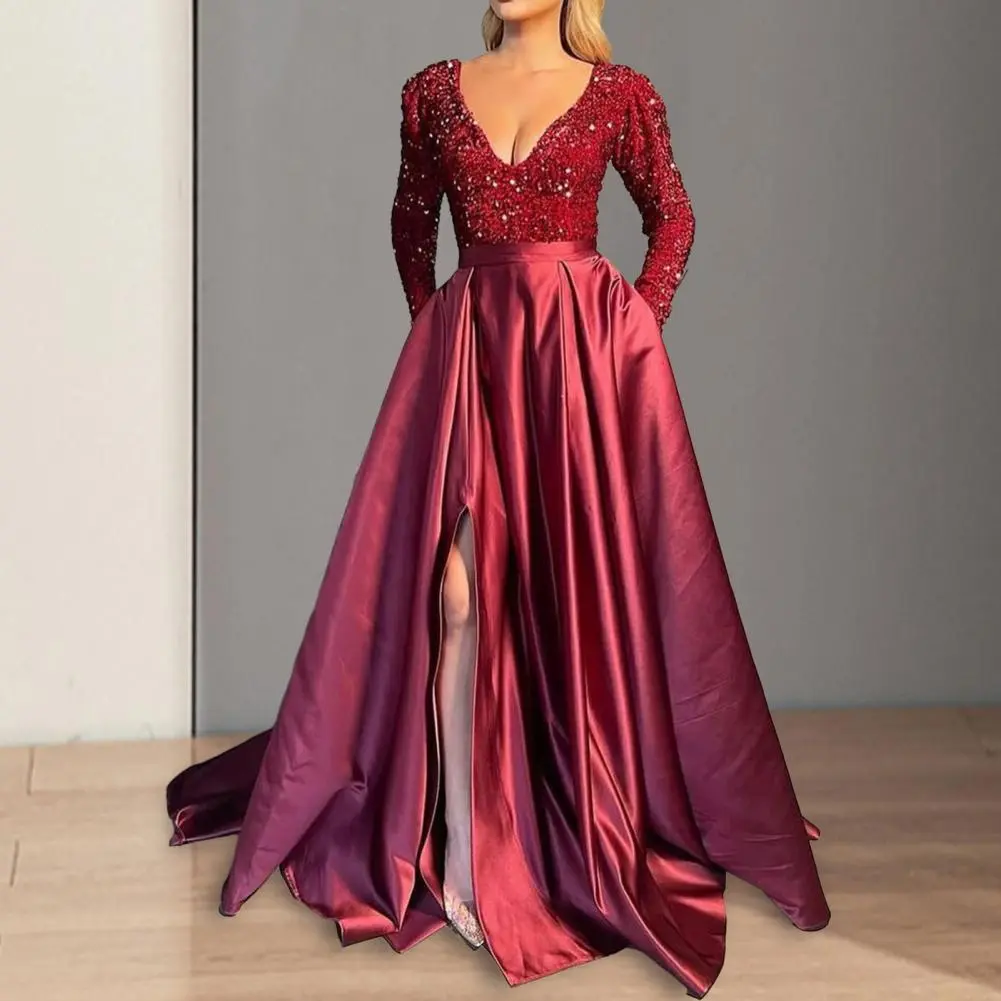 Prom Evening Dress V-neck Long Dress Elegant Shiny Sequin V Neck Maxi Dress for Women High Waist A-line Evening Gown for Prom