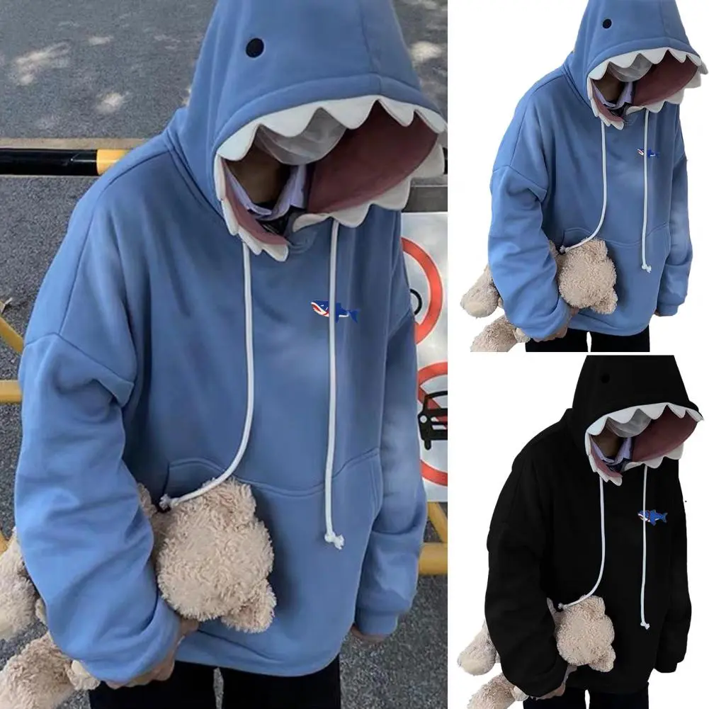 Men Shark Hoodie Fun Shark Patch Hooded Sweater Stylish Sporty Casual Loose Trendy Couple's Pullover Sweatshirt for Autumn