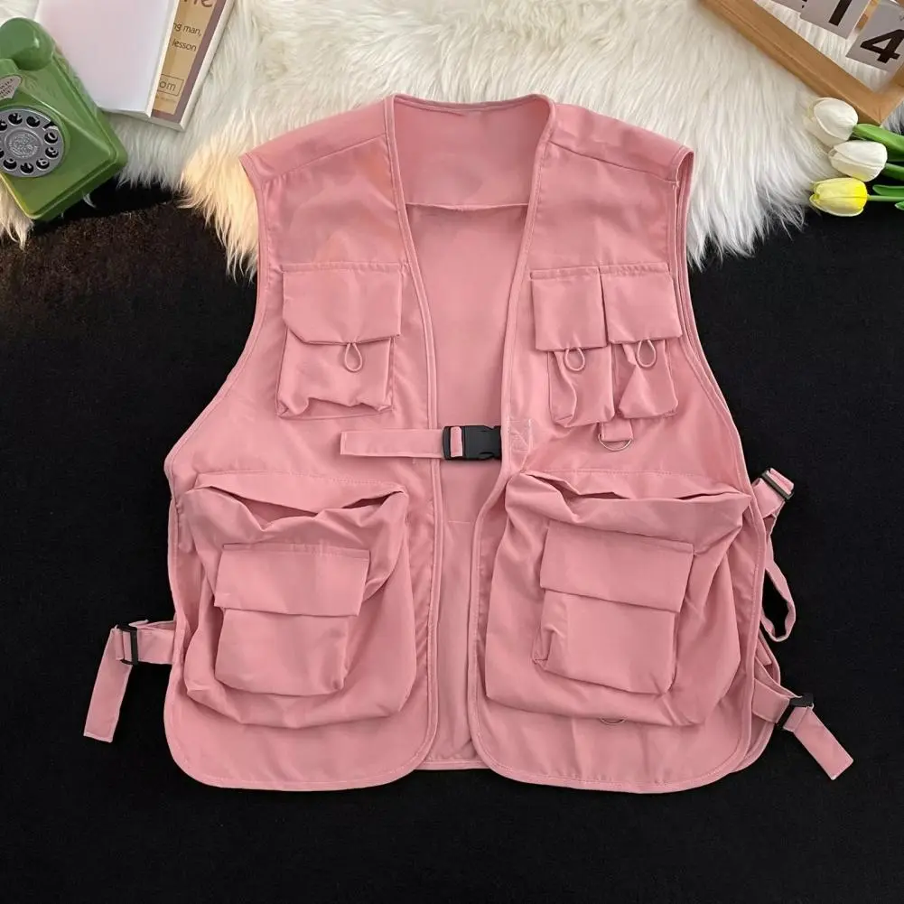 Unisex Vest Hip Hop Style Solid Color Sleeveless Vest Coat Loose Buckle Closure Multi Pockets Women Men Cargo Waistcoat