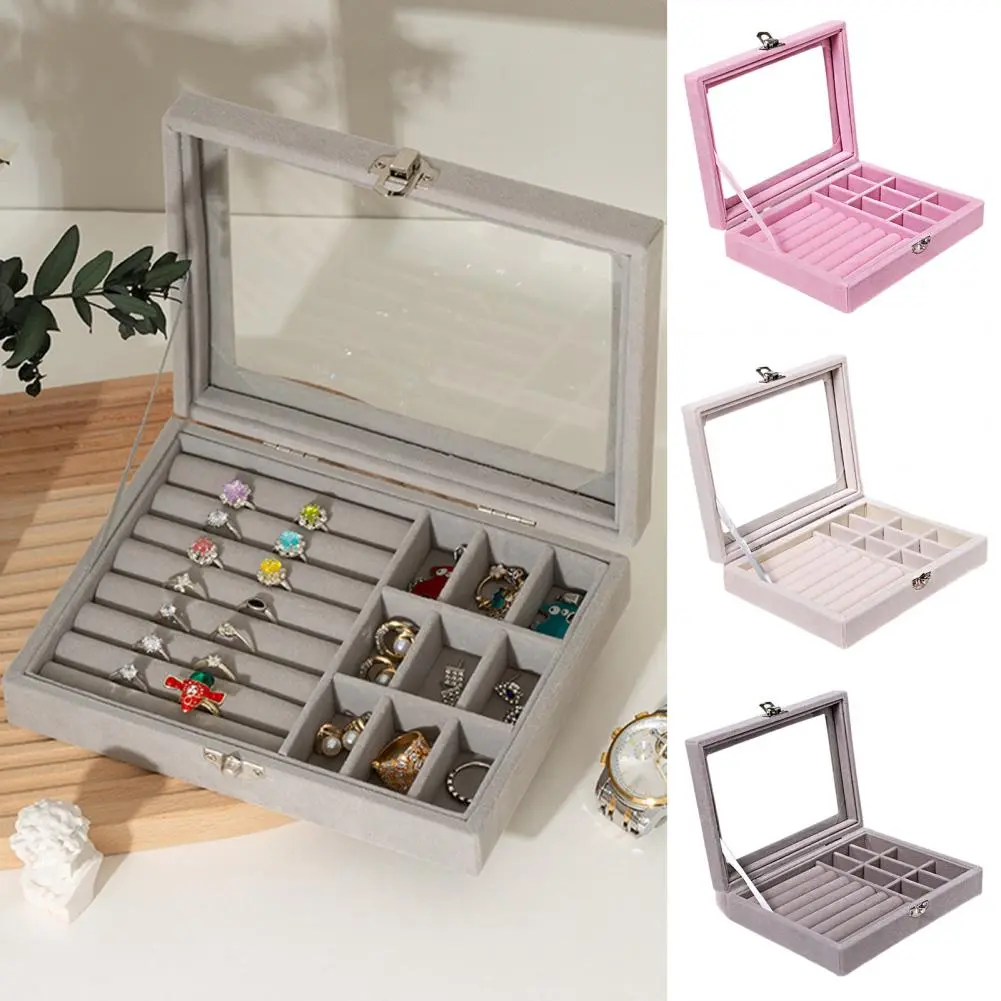Jewelry Box Multi-grids Rectangle Transparent Visible Jewelry Storage Box Faux Leather Finger Ring Earring Necklace Jewelry Box
