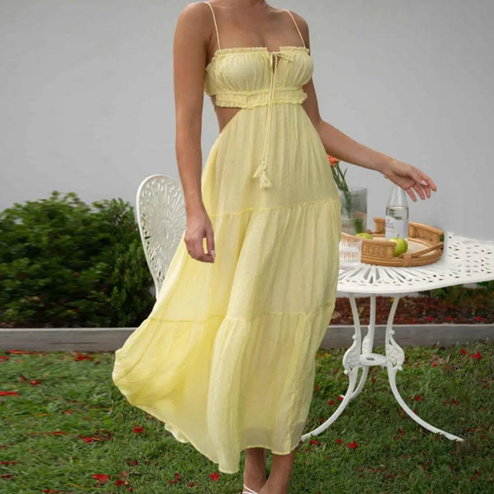 Backless Beach Dress Lace-up Spaghetti Straps Backless Midi Dress with Flowy Hem Women Sexy Bandeau Sling Long Dress