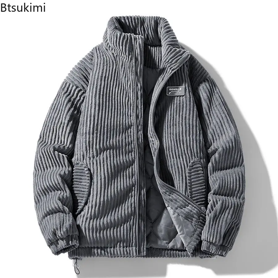 New Winter Fashion Casual Parkas for Men Stand Collar Solid Color Outerwear Corduroy Thicken Warm Jacket Cotton-padded Jacket