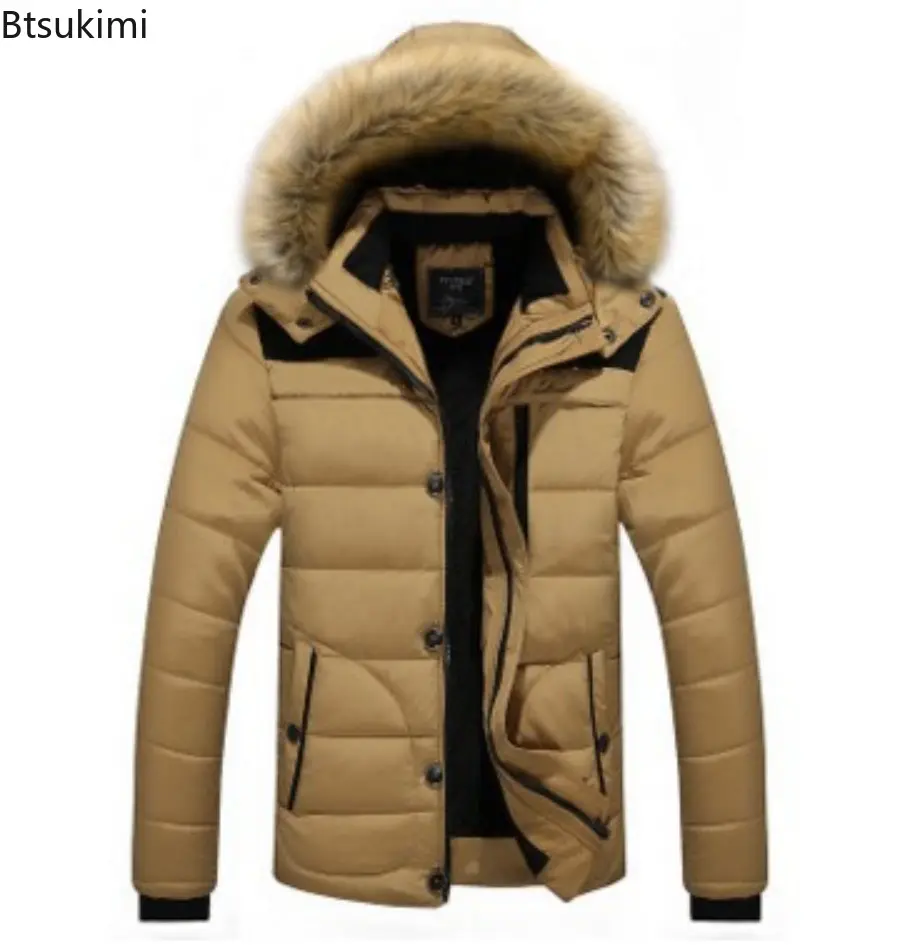 Solid Color Men's Parker Thicken Warm Coat Fashion Men's Fur Collar New Clothing Plus Size Waterproof Hooded Winter Parker Coat