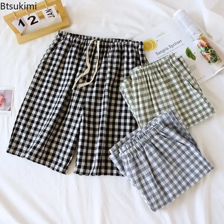 Classic Plaid Pajama Shorts for Men Loose Casual Cotton Fabric Home Pants Soft Breathable Beach Pants Lounge Sleep Bottoms Male