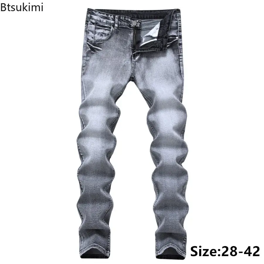 New 2025 Men's Grey Jeans Pants Fashion Casual Slim Fit Small Feet Long Pants Trend Versatile Stretch Denim Trousers for Men