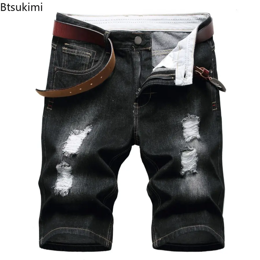 2025 Men's Denim Shorts Summer New Style Elastic Slim Fit Short Jeans Fashion Holes Casual Cotton Cowboy Short Trousers for Male