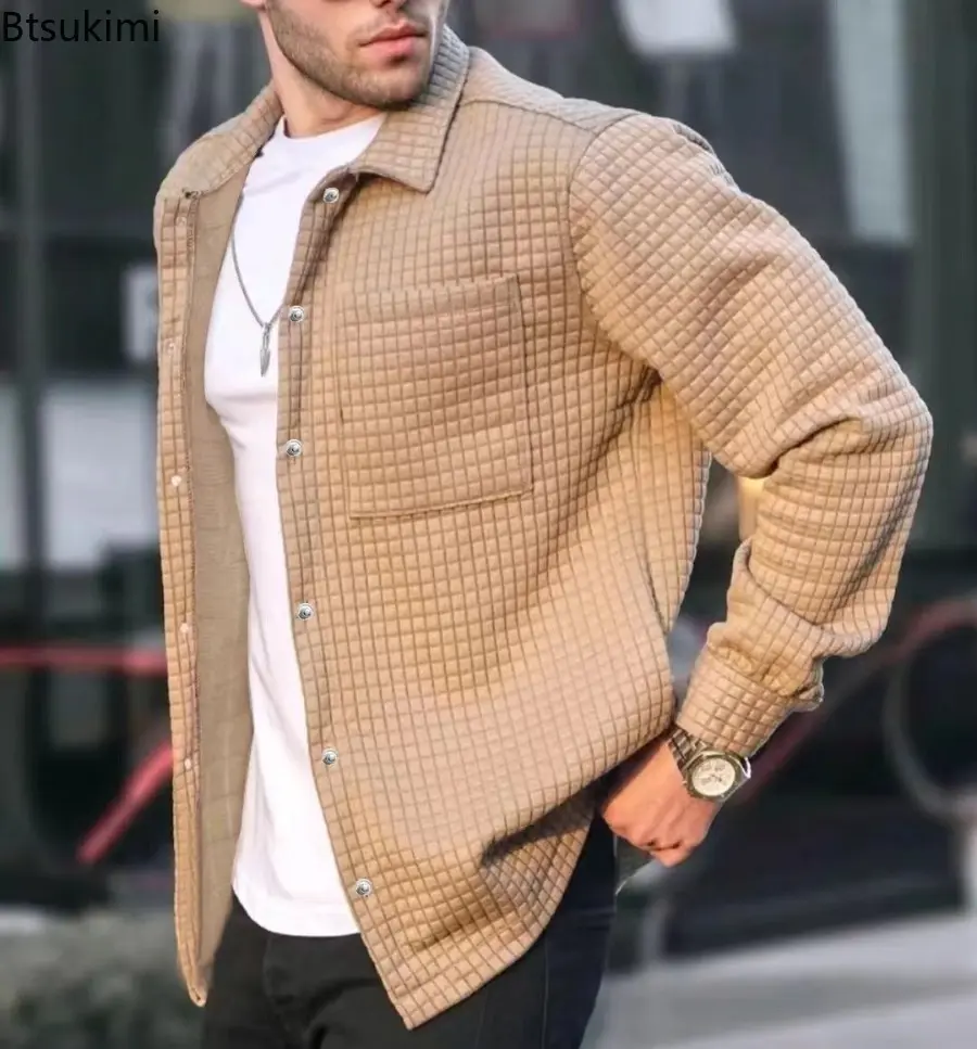 2025 Men's Lapel Plaid Jacquard Hoodies Cardigan Fashion Solid Long-sleeved Loose Casual Jackets Trend Sweatshirt Male Outcoats