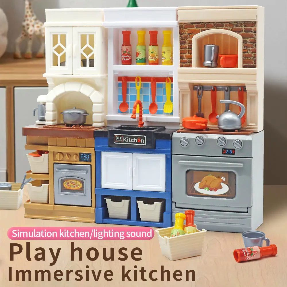 DIY Kid Play House Simulation Kitchen Pretend Toys Kitchenware Lighting and Sounds Cooking Game Set Children Fun Educational Toy