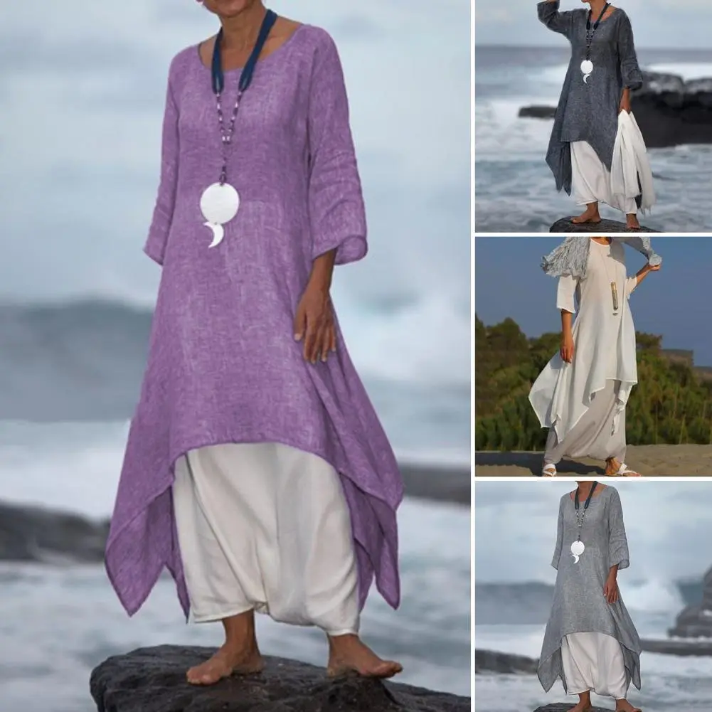 O-Neck Long Sleeve Loose Fitting Tunic Dress Women Fashion Irregular Hem Leisure Midi Dress Female Clothing