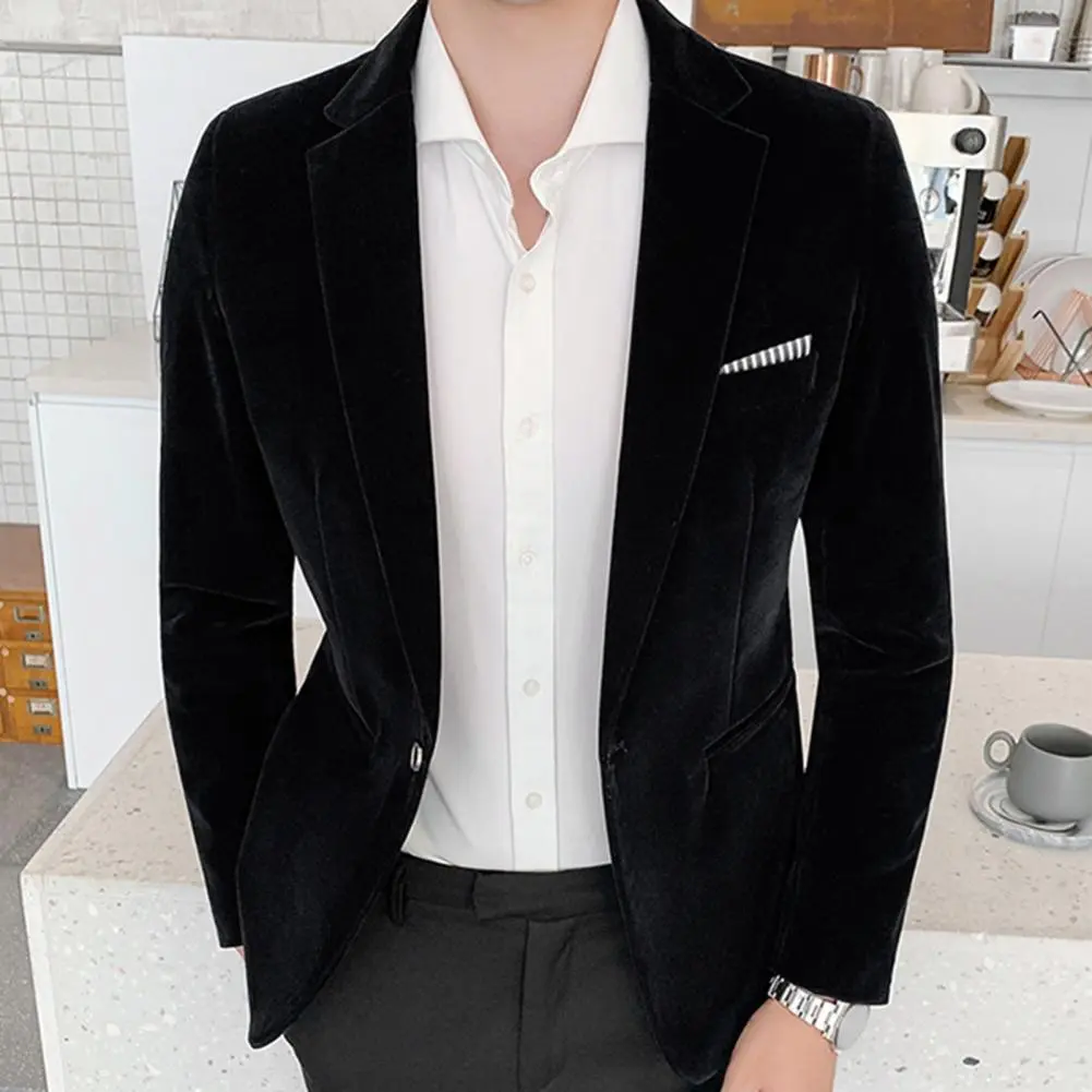 Spring Velvet Men Solid Color Temperament Suit Jacket Turndown Collar Long Sleeve Slim Fit Single Button Velvet Suit Coat