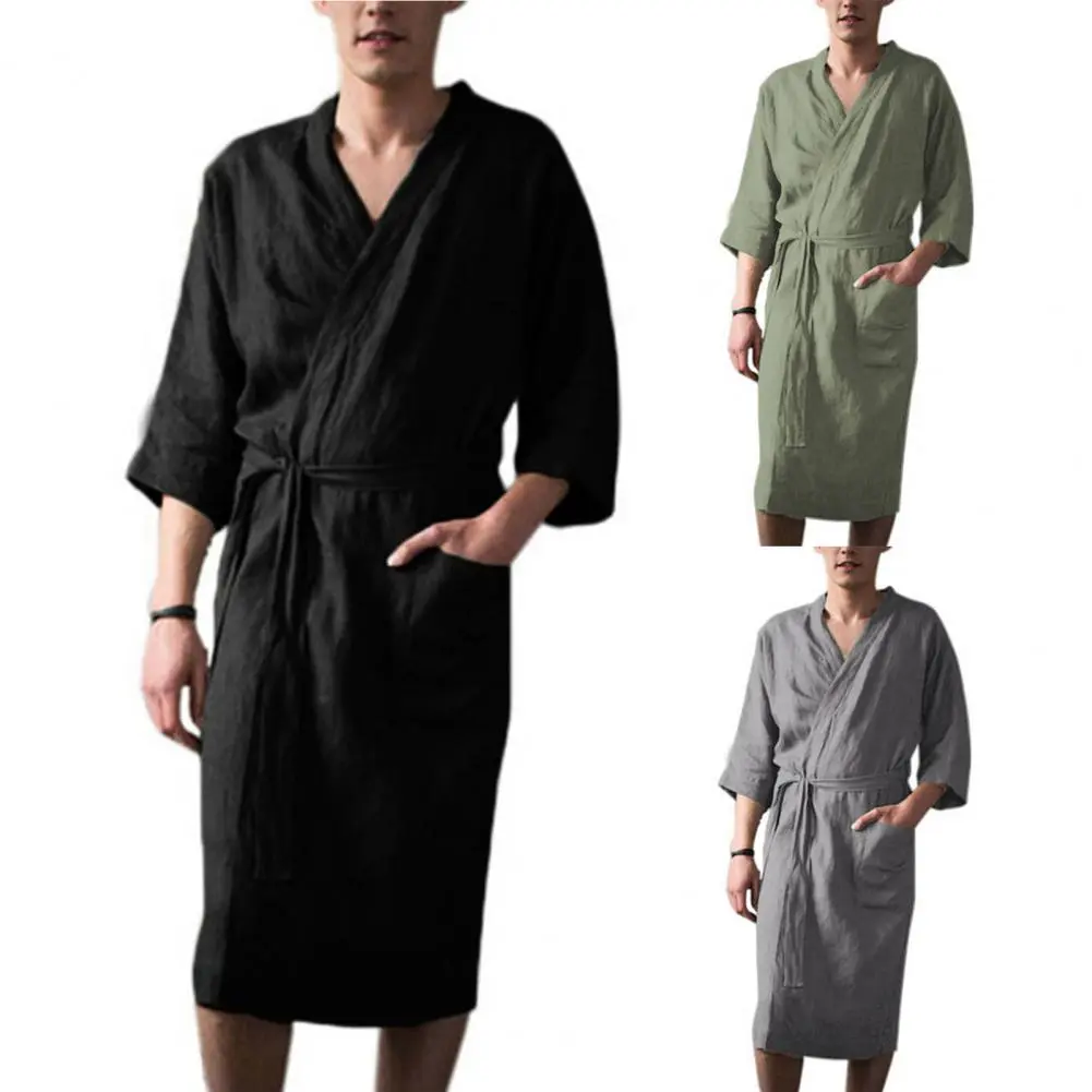 Men Nightgown Men Bath Robe Soft Lace Up Cardigan Sleepwear Three Quarter Sleeves Pockets Loose Men Bathrobe Nightgown