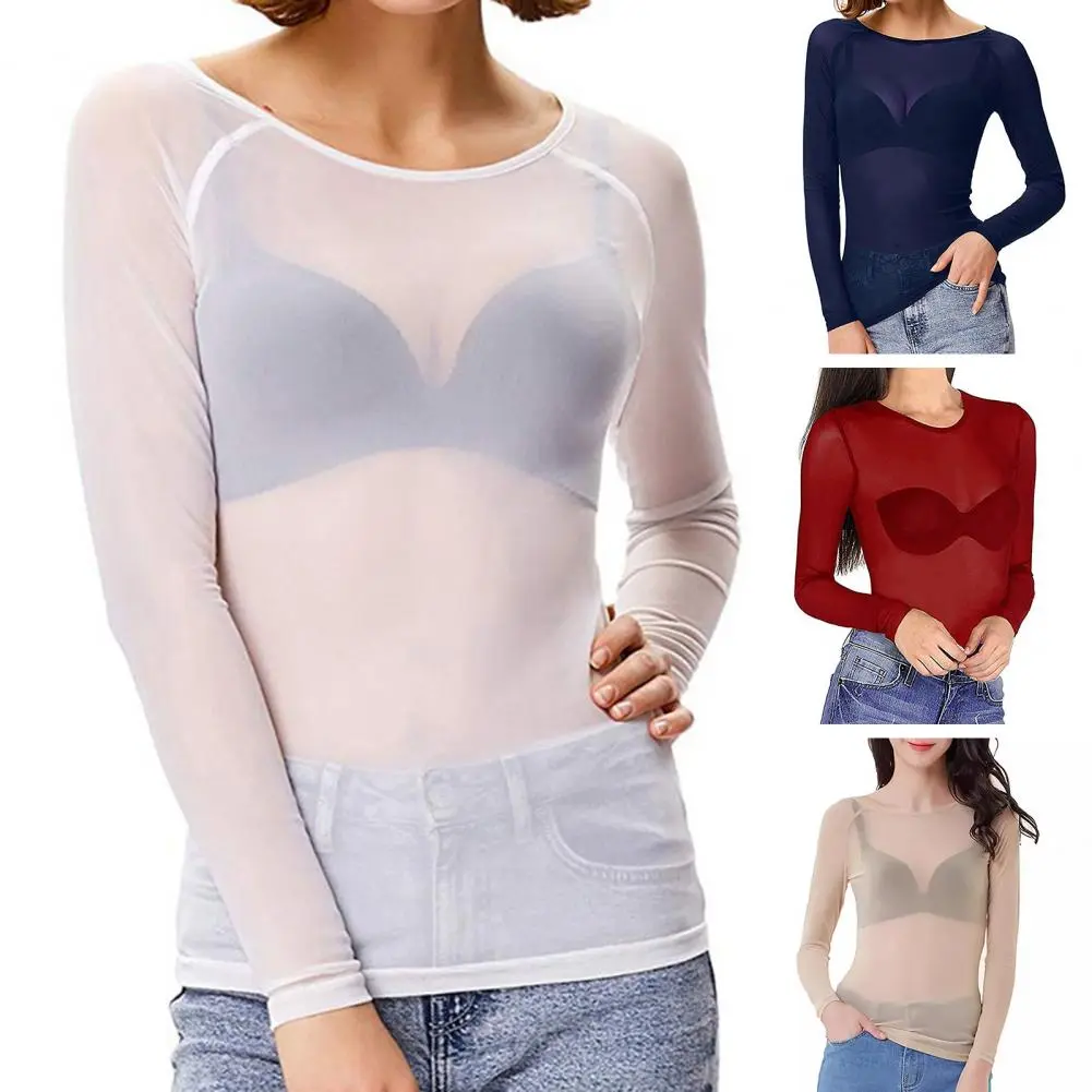 Transparent Blouse Gauze Top Women Mesh Bottoming Shirt Sheer Mesh Blouse Women's Tops O-neck Long Sleeve Shirt for Summer