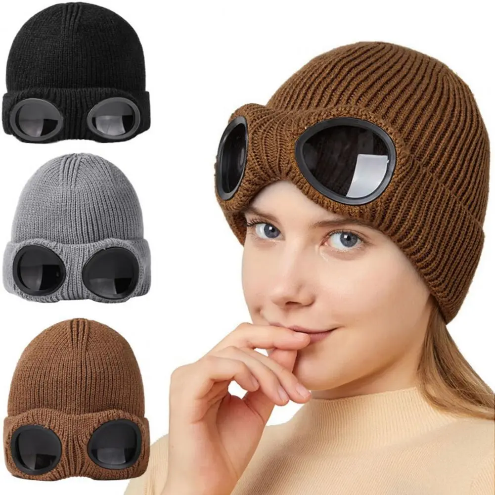 Glasses Knitted Hat Elastic Goggle Hat Unisex Windproof Bomber Hat with Glasses Cap Windproof Winter Warmth Beanie Headwear