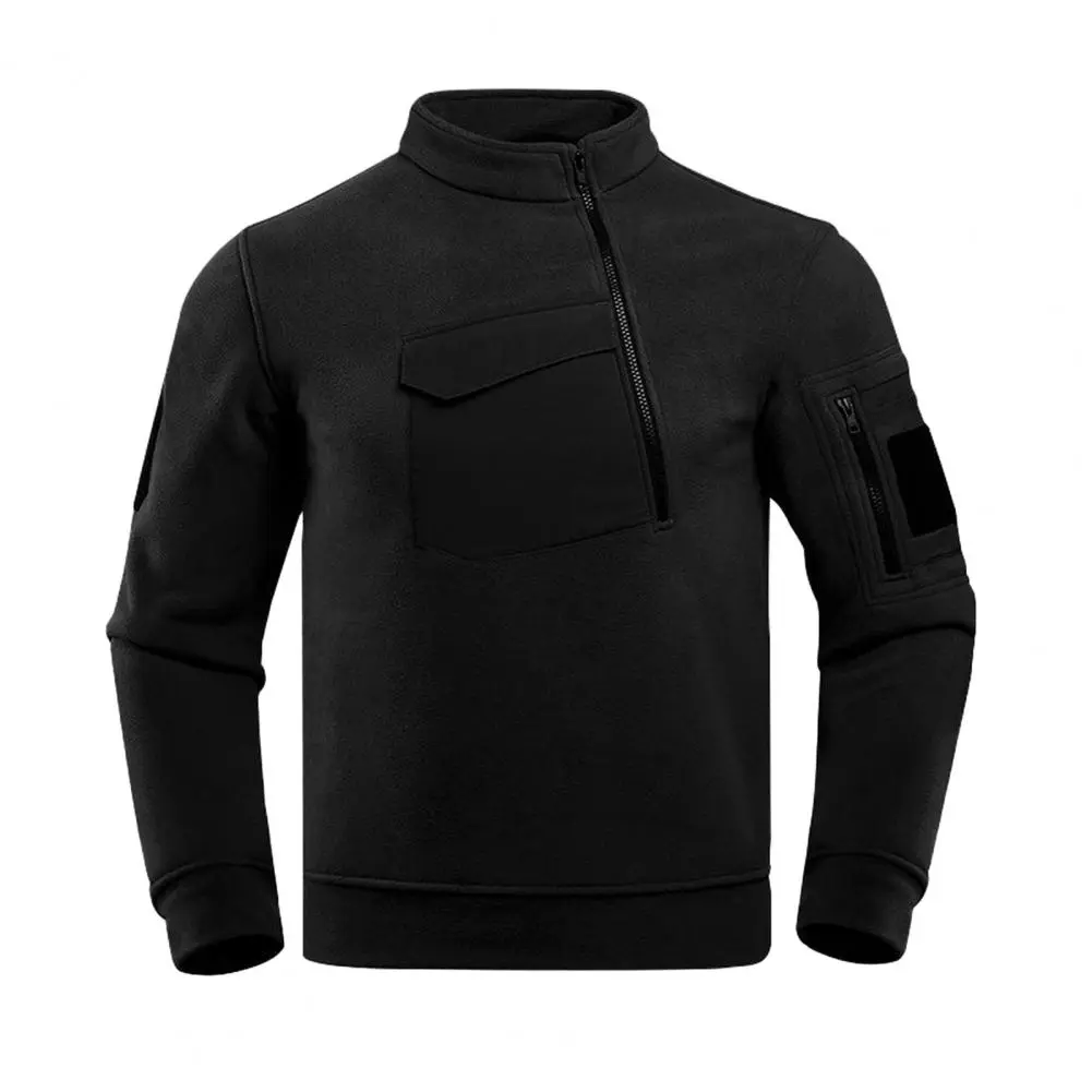Autumn Winter Outdoor Tops Men Stand Collar Long Sleeve Thickened Fleece Lining Sweatshirt Warm Pocket Zipper Hiking Tops