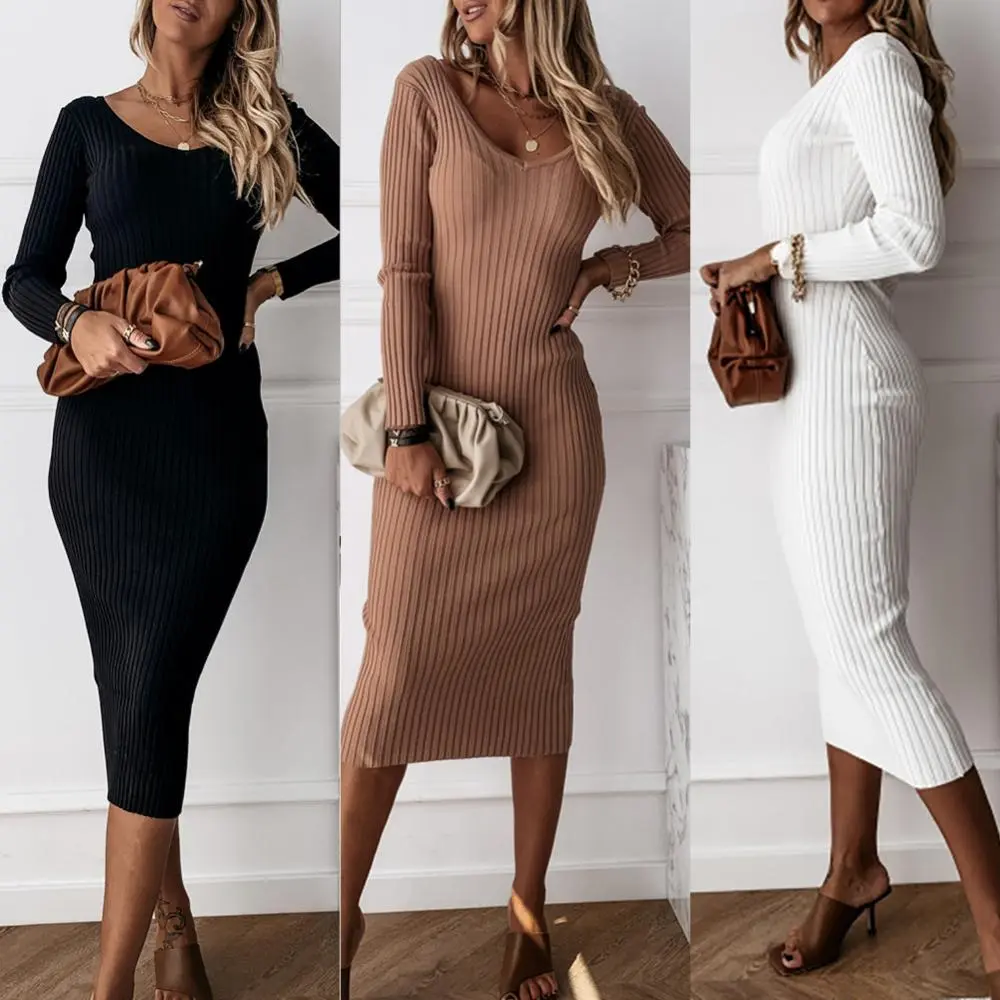 Women Autumn Knitted Dress Solid Color V Neck Long Sleeve Ribbed Knitted Bodycon Maxi Dress Women's Clothing женское платье