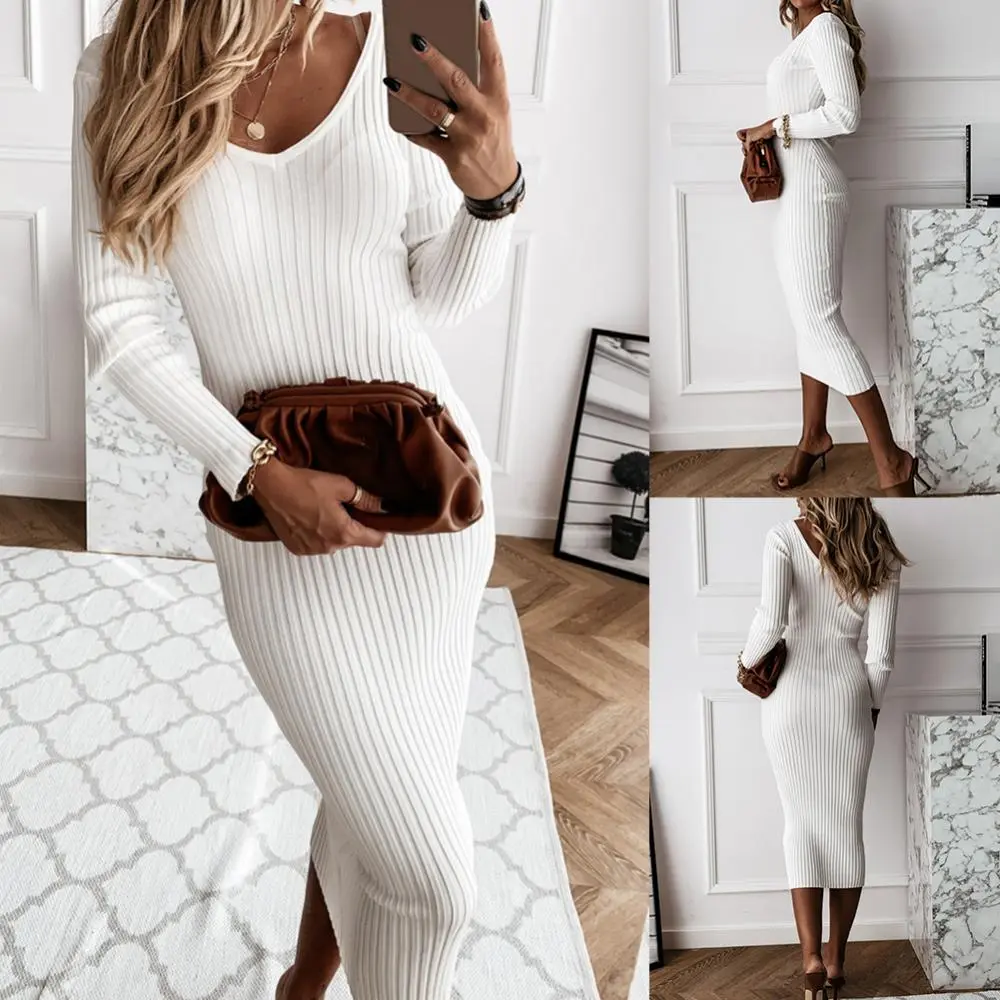 Women Autumn Knitted Dress Solid Color V Neck Long Sleeve Ribbed Knitted Bodycon Maxi Dress Women's Clothing женское платье