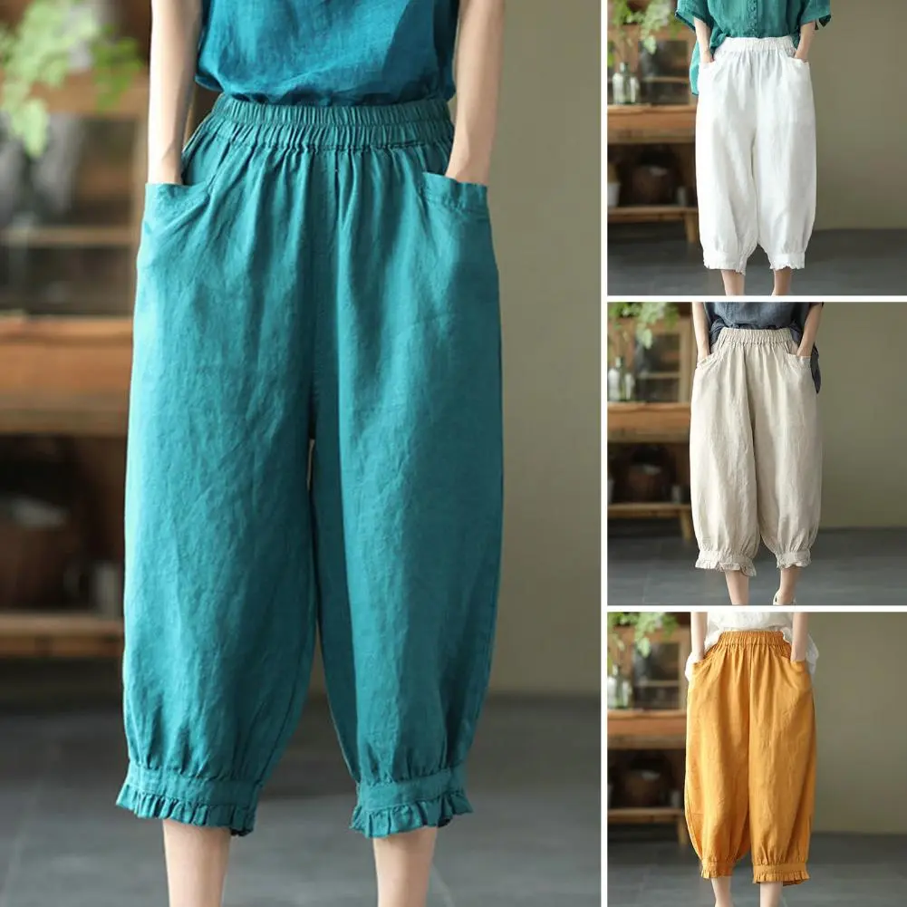 Women Harem Pants High Elastic Waist Solid Color Mid-calf Length Pants Retro Casual Lady Summer Spring Cropped Trousers
