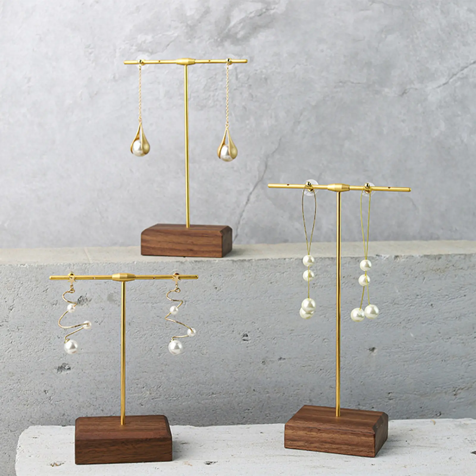 Brown Rectangular Base Golden T/L Bar High-end Black Walnut Wood Earrings Display Stand Storage Photo Prop Jewelry Organizer 1Pc