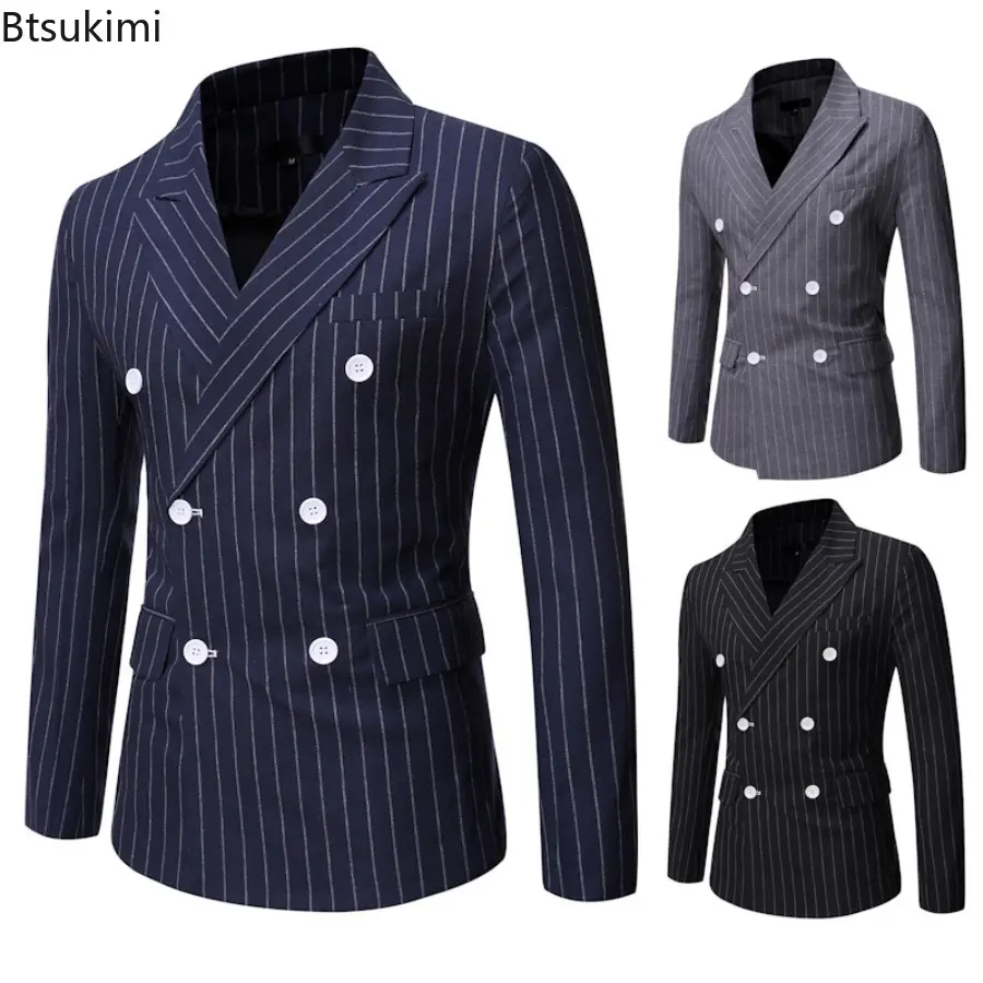 Spring Autumn Men's Striped Blazer Jacket Fashion Double Breasted Men Suit Coats Casual Business Homme Costume Gentleman Coats
