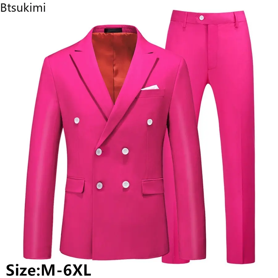 2025 New Men's High Quality Double Breasted Suit Sets Men Solid Slim Business Banquet Formal Blazers Coat and Pants Two-pieces