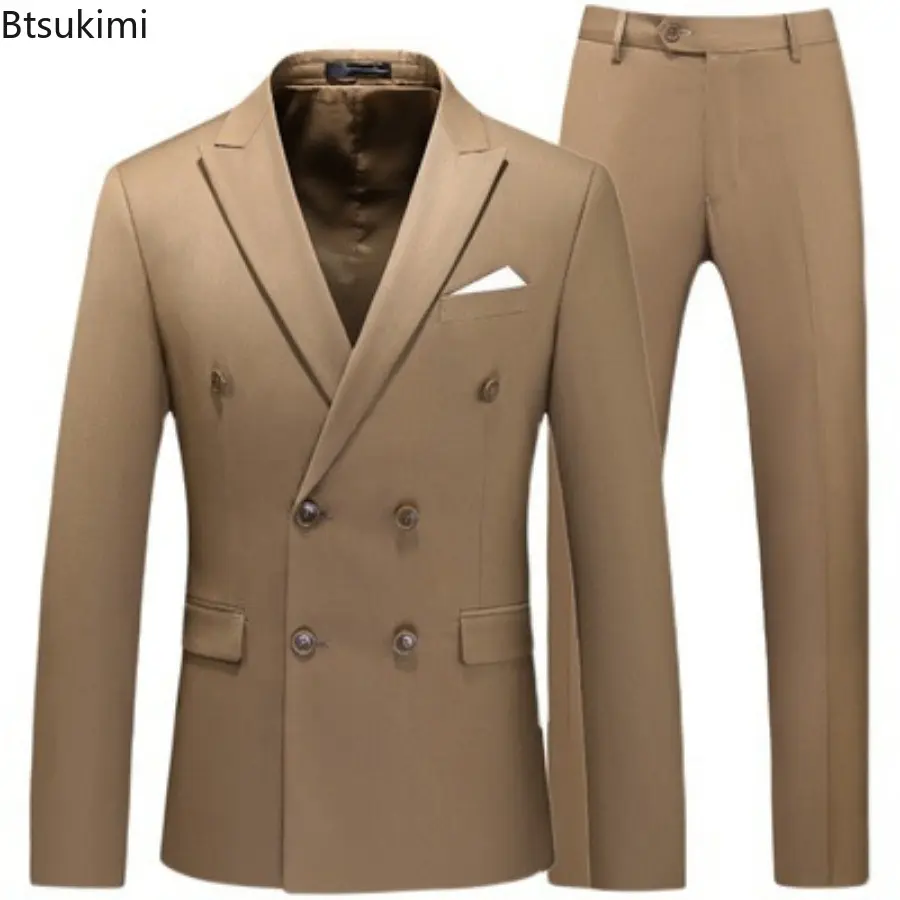 2025 New Men's High Quality Double Breasted Suit Sets Men Solid Slim Business Banquet Formal Blazers Coat and Pants Two-pieces